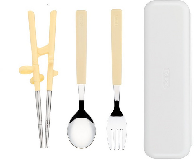 에디슨 2단계 스텐 스푼 포크 케이스 세트 + 2단계 젓가락, 1세트, 스푼,포크,젓가락,케이스, 옐로우 ES2537+EC1288