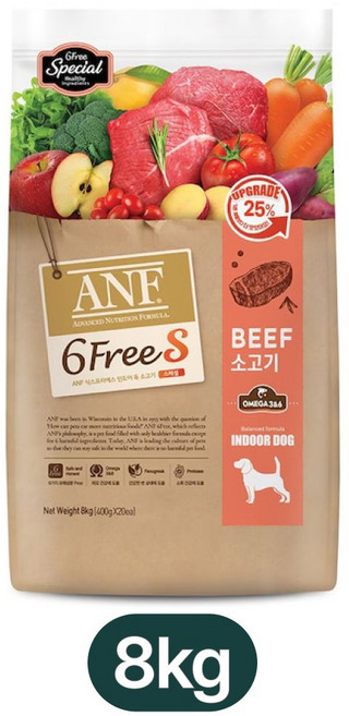 ANF 생후 4개월 이상 식스프리 인도어 독 건식사료, 소, 8kg, 1개
