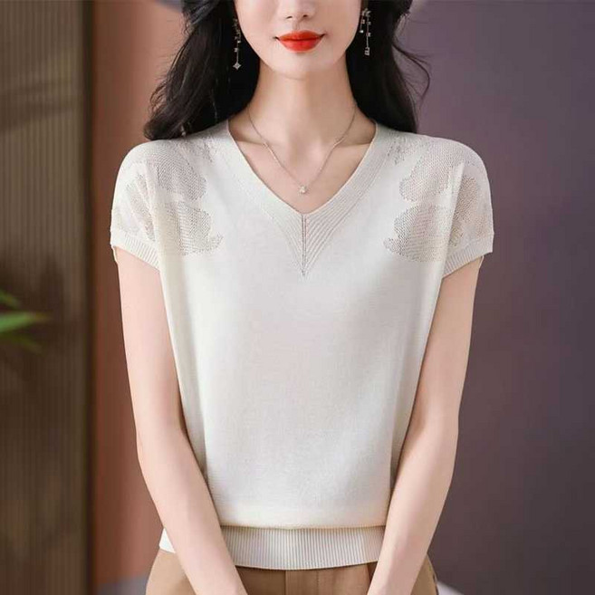 메인워크 중년 여성 브이넥 반팔티셔츠 여름 엄마룩 스판 냉장고 통기성 편안한 얇은 니트 루즈핏 캐주얼 기질 패션 하객룩 아우터 상의