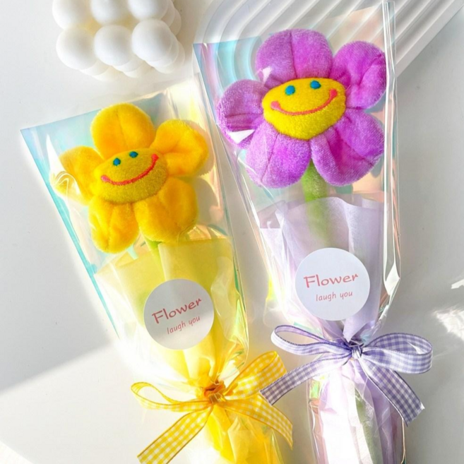 래프유 스마일 꽃 한송이 인형 꽃다발 2p, 노랑+보라, 2개