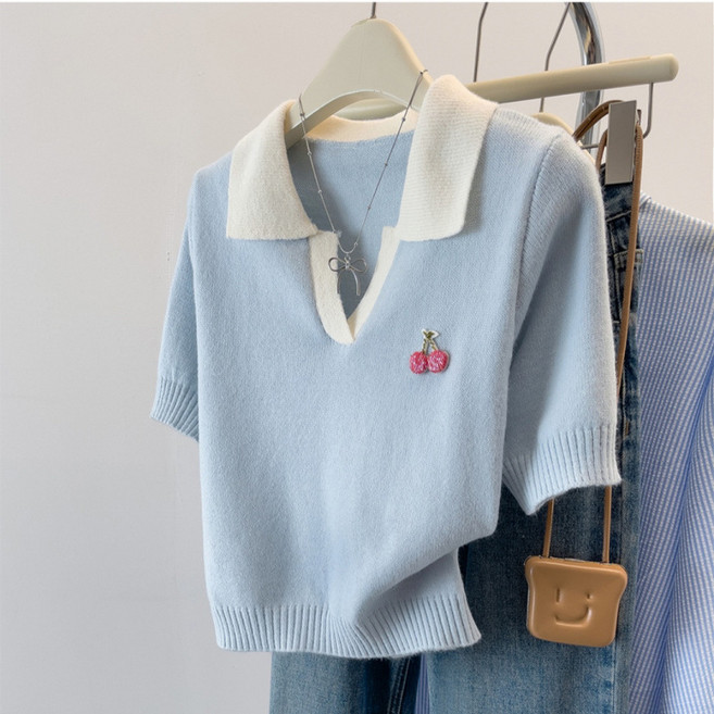 탑트레일 여름 여성 브이넥 카라 니트 체리 반팔티