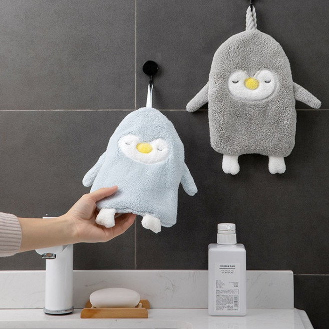 펭귄 디자인 주방 타월 극세사 흡수 핸드 타올 키친 수건 걸이형, 그레이, 1개