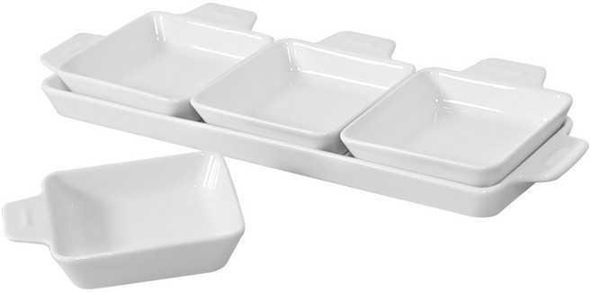 케어프린 세라믹 플레이팅 나눔 반찬 사각 접시 그릇, 직사각 3구 나눔접시(5P), 1세트