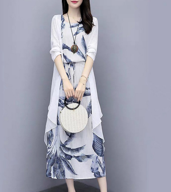 ORZQU 여성 여름 투피스 긴팔 가디건+나염 롱 면마 나시원피스 빅사이즈 세트