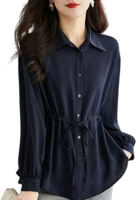 Makone 여성 카라넥 솔리드 스트링 캐주얼 트랜드 데일리 이너 셔츠 블라우스