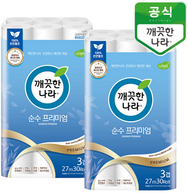 깨끗한나라 순수 프리미엄 27m x 30롤 x 2팩, 2개, 30개입