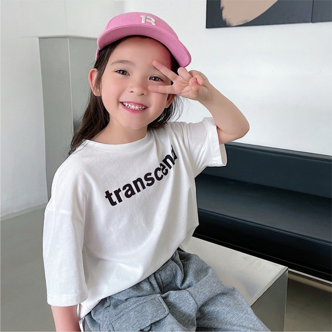 2025新款女童t恤純色圓領休閑百搭白色上衣男童字母短袖T韓版夏裝