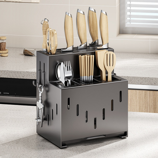 Leesheer 주방 통풍 물빠짐 칼꽂이 무타공 다기능 올인원 수저통, 1개, 그레이
