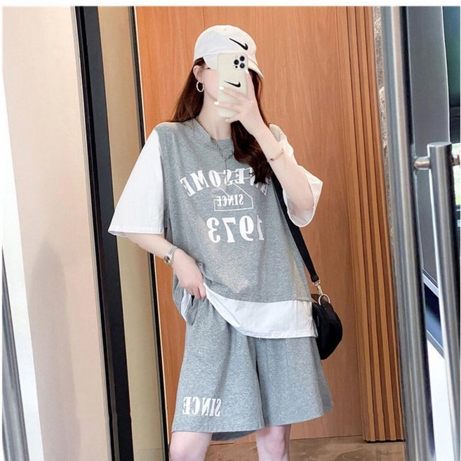 夏日爆款假兩件運動套裝女 速乾短T顯瘦短褲兩件組 a0245 灰色 3XL