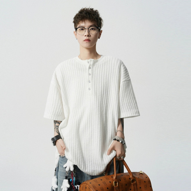 復古肌理感亨利領T恤 短袖休閒男士上衣