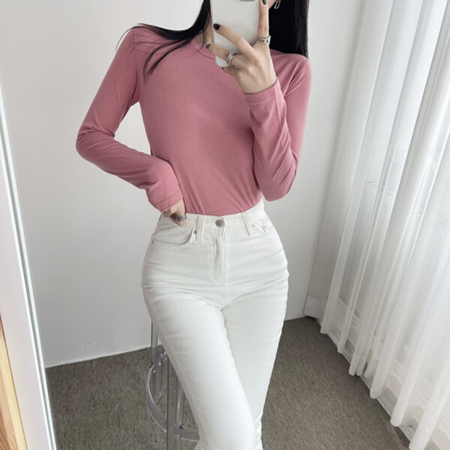 1+1 여성 베이직 기본 무지 라운드넥 긴팔 티 6컬러