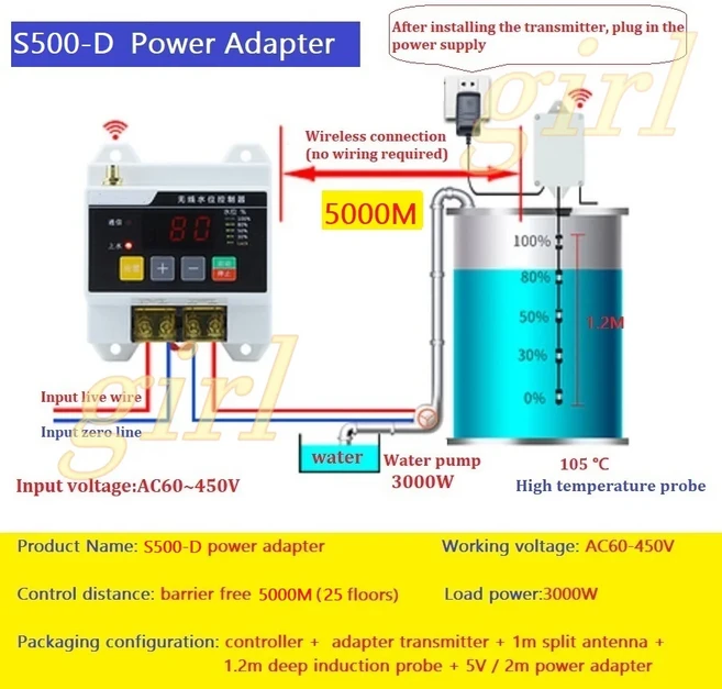무선 원격 수위 컨트롤러 워터 펌프 타워 리모컨 플로트 센서 스위치 BB 220V 5000M, 04 S500-D, 1개