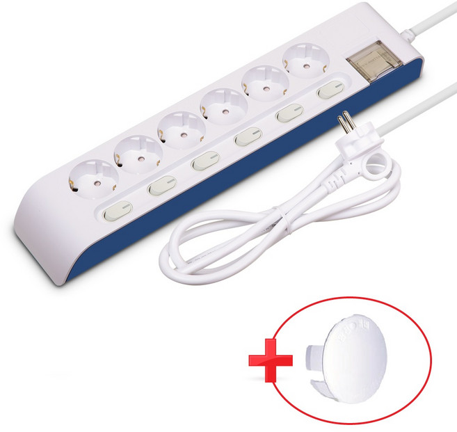 현대 하이탭 6구 개별 스위치 접지 멀티탭 과부하차단 안전커버 증정, 1개, 화이트, 5m