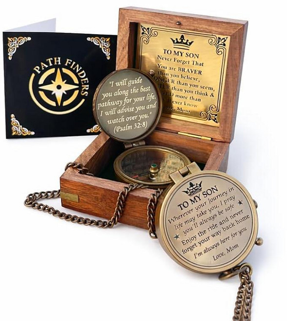 “to My Son” Antique Nautical Brass Engraved Pocket Compass Navigational Compass with Wooden Box Mo