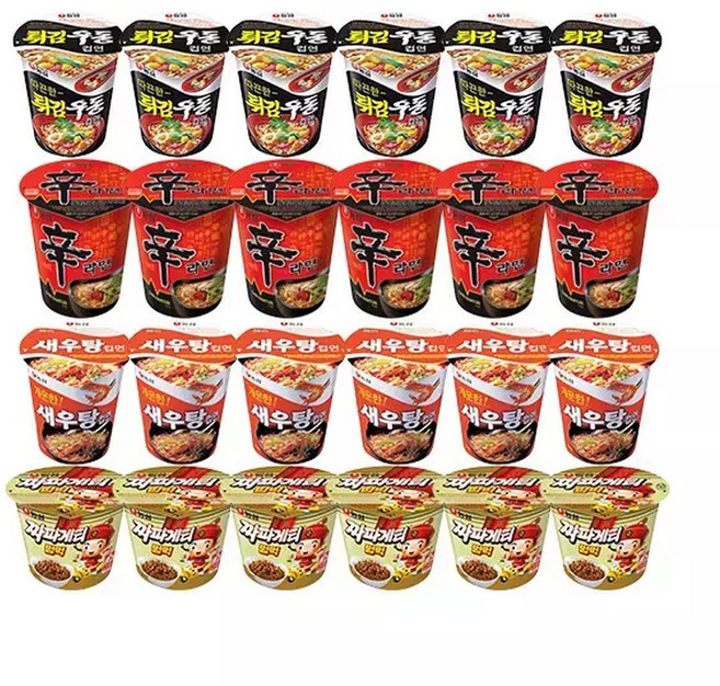 농심 신라면컵 62g 6개 + 튀김우동컵 62g 6개 + 새우탕컵 67g 6개 + 짜파게티범벅 70g 6개, 짜짜튀튀
