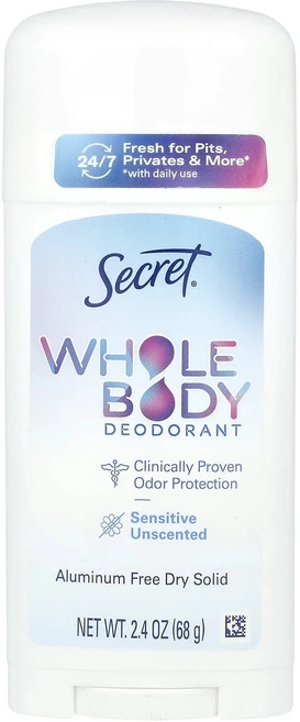 Secret 전신 데오드란트 알루미늄 무함유 건조 고형물 무향 68g(2.4oz), Secret전신데오드란트알루미늄무함유건조고형물무향68g, 68g, 1개 - 쿠팡