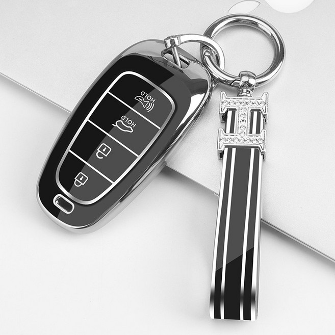키에티 현대 호환 쏘나타DN8 더뉴그랜저 4버튼 키케이스 + H큐빅 키체인, 실버-블랙