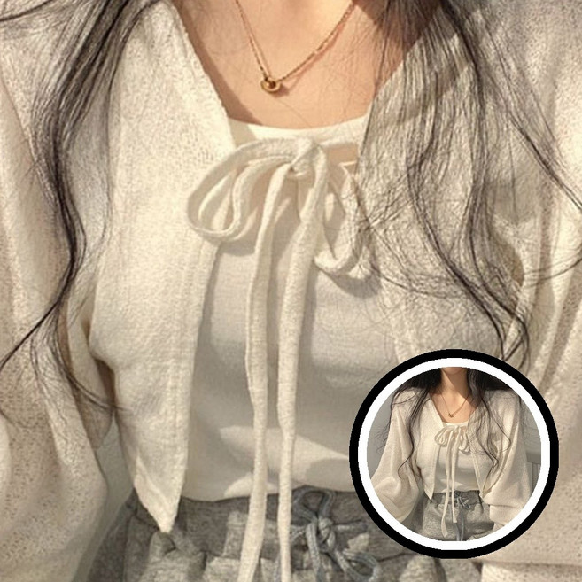 러블리한 스트링 지그재그 패턴 얇은 가디건