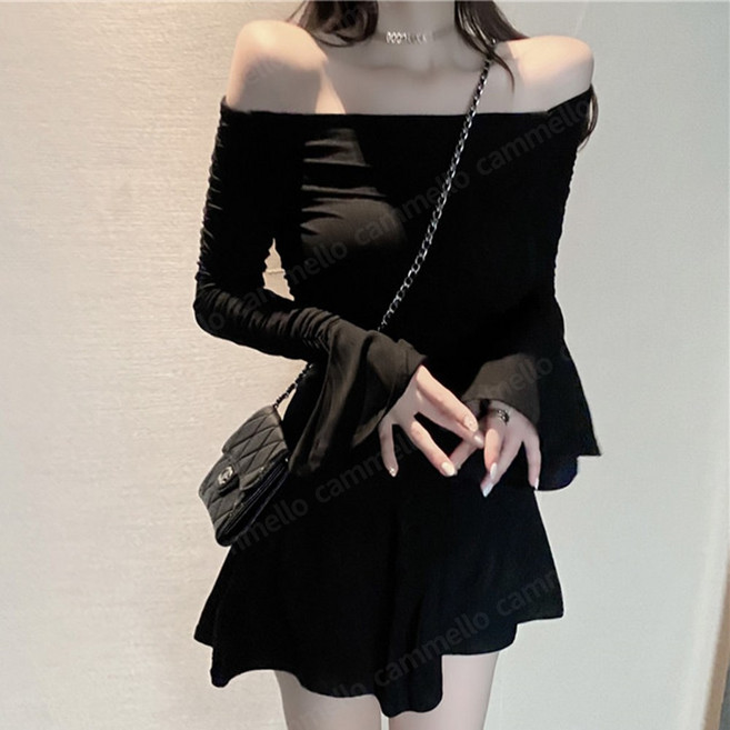 cammello 꾸꾸꾸 셔링 오프숄더 플레어 미니원피스 A라인 긴팔 여리핏 미니 드레스