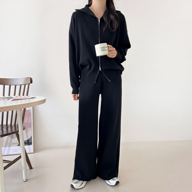 마이쏭 여성 빅사이즈 루즈핏 통바지 포이즈니트투웨이집업세트