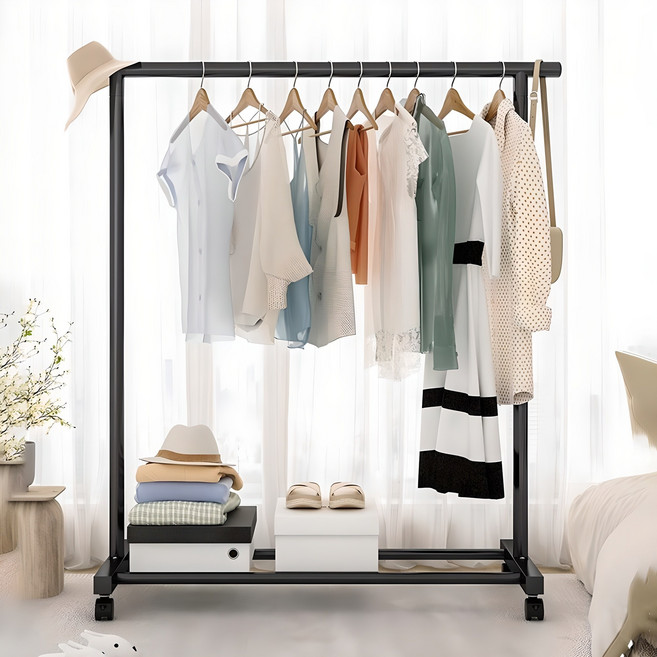 가구느낌 1단 1200 철제 스탠드 이동식 옷걸이 도도행거, 블랙