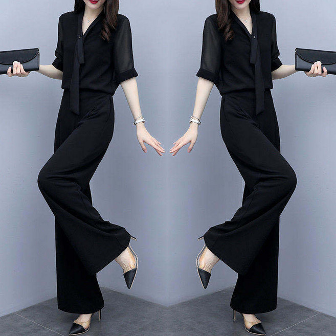 Asure 여자셋업 블라우스 세트 데이트룩 브이넥셔츠+일자바지