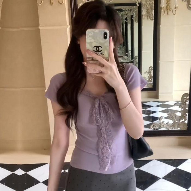 V領蝴蝶結短袖T恤 女 夏季百搭純色甜美小上衣