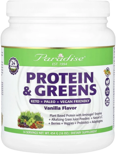 Paradise Herbs 프로틴 & 그린 바닐라 454g(16oz), ParadiseHerbs프로틴그린바닐라454g16oz, 454g, 1개 - 쿠팡