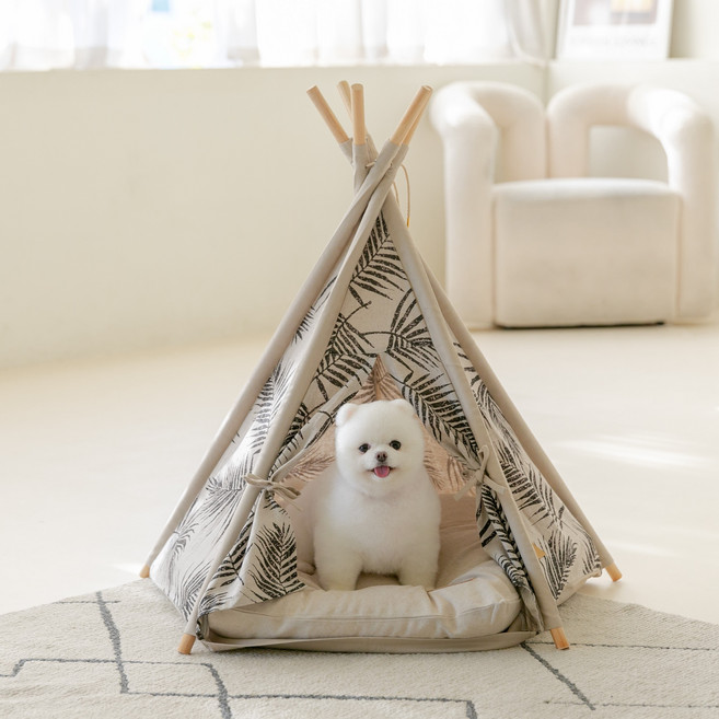 포쉬푸치 강아지 고양이 티피텐트 방석포함 5Color 인디언텐트하우스, 리프, 중형, 1개