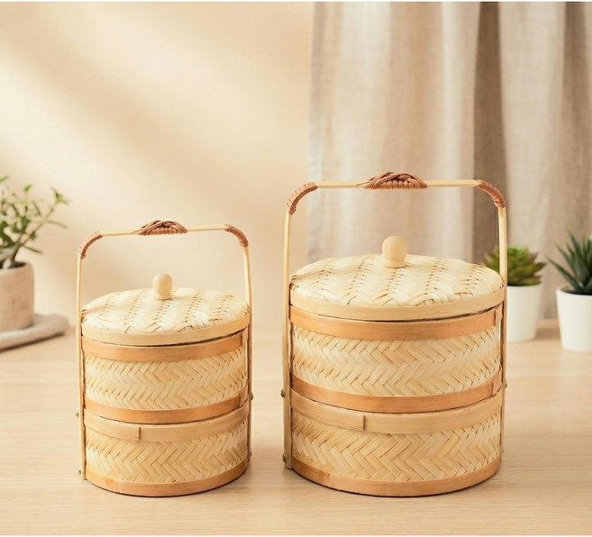 대나무 2단찬합 대나무찬합 2단도시락 피크닉 우드 디저트 핸드메이드 바구니, 1개, 대