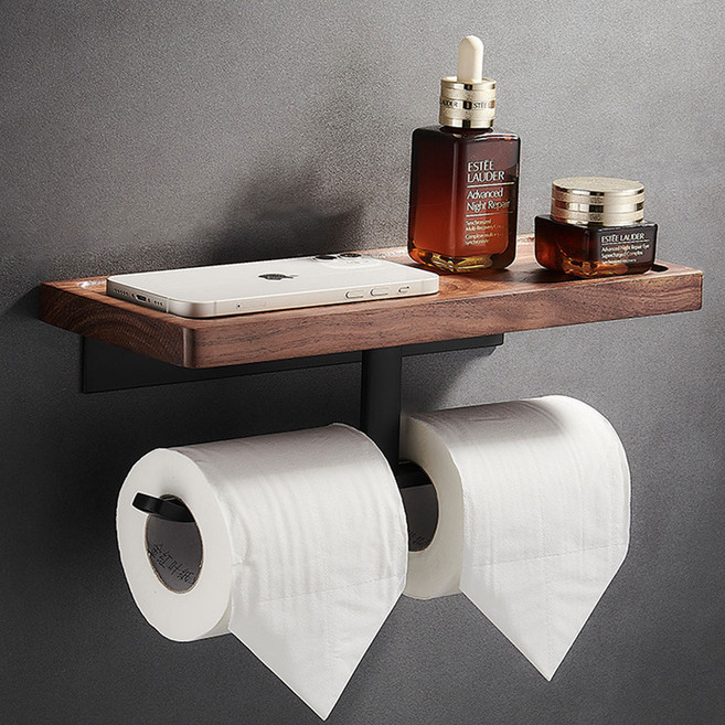 하우스팡 원목 메탈 미니선반 우드 휴지걸이, 블랙 더블, 1개, Black