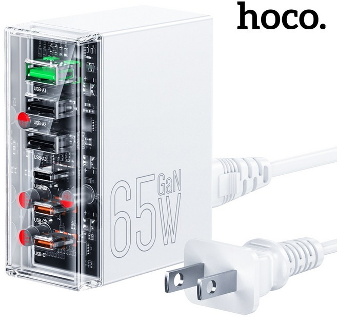 hoco. N36 創想六孔 PD65W GaN 3C3A 桌面充電器 美規 Type-C 快充頭, 1個