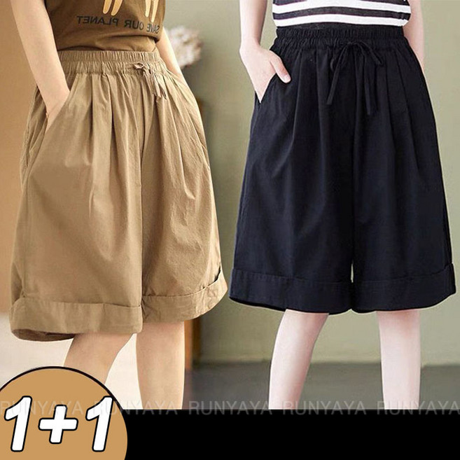 1+1 빅사이즈 밴딩 반바지 여성 여름 얇은 하이웨스트 와이드 팬츠 5부 하의 캐주얼 반바지 D88U