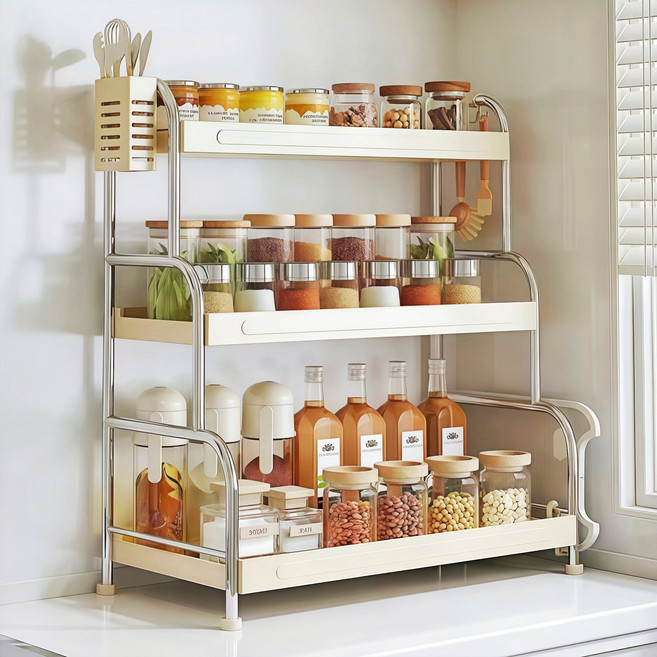 Fowod 주방 스테인리스강 다용도 식기 양념 수납대 선반 수저통 걸이후크 도마 거치대, 1개, 베이지