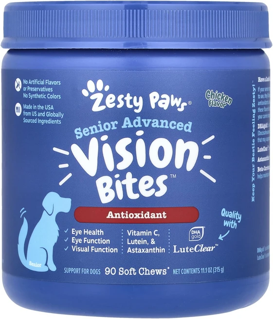 제스티포우 강아지 시니어 어드밴스드 비전 바이트 치킨 영양제, 90정, 눈물개선/눈건강, 1개, ZestyPaws시니어어드밴스드비전바이츠반려견용닭고기소 - 쿠팡