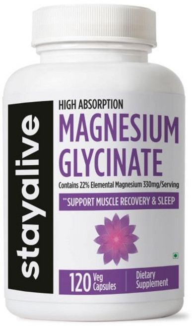 StayAlive 순수 글리시네이트 마그네슘 1500mg 보충제 고흡수성 스트레스 근육 수면 지원을 위한 120캡슐 여성 및 남성용 글리신산 마그네슘 복합체, 1개, 120정