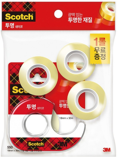 스카치 투명 테이프 디스펜서 581D 18mm x 15mm 1개 + 550리필 18mm x 30mm 3개, 혼합색상, 1세트