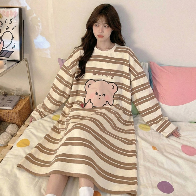 빅사이즈 여성 원피스 잠옷 스트라이프 오버핏 홈웨어 노브라 캡내장 긴팔
