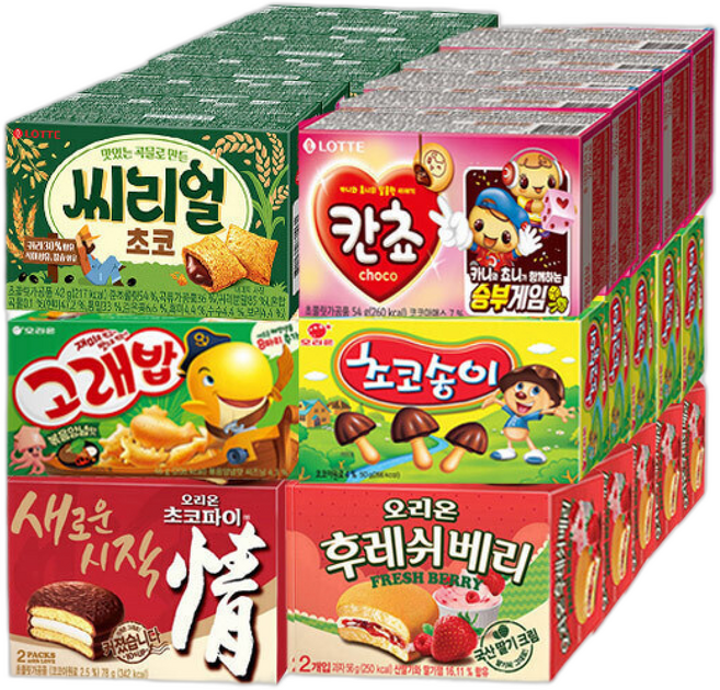 롯데 칸쵸 +씨리얼 초코 +초코송이 +고래밥 +초코파이 +후레쉬베리 x각(총), 30개, 40g