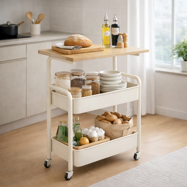 헤븐하임 이동식 선반 트롤리, 3단, 화이트우드B