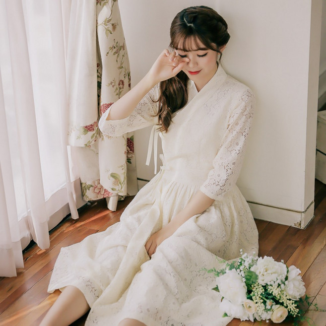 생활한복 레이스 철릭원피스 스위트 바닐라 7부(반팔 긴팔로 제작가능)