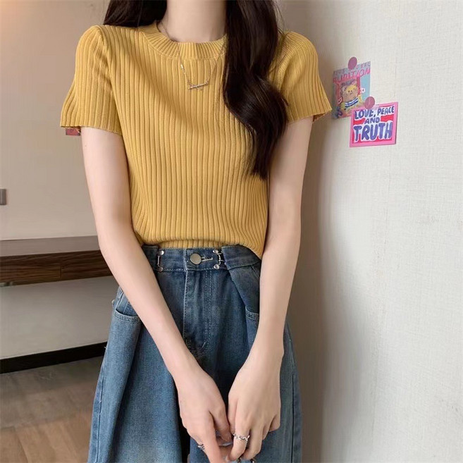 FANSYLI 여성 라운드 반팔 니트 여름 슬림 솔리드 니트 티셔츠 심플 베이직 티셔츠 상의 W2505M30