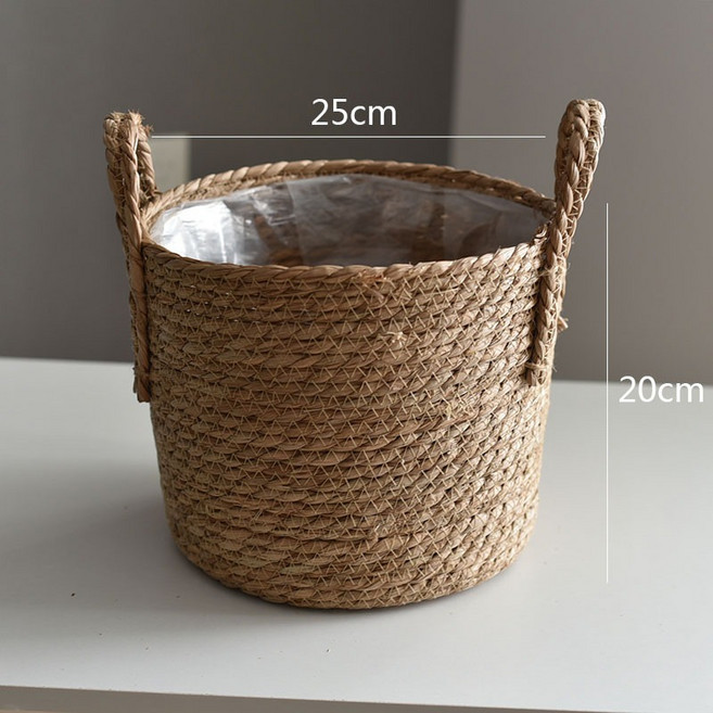 手編花籃 收納籃 置物籃 花盆 花器 盆栽 35cm, 1個, 帶手把小號 超商一單只能2個