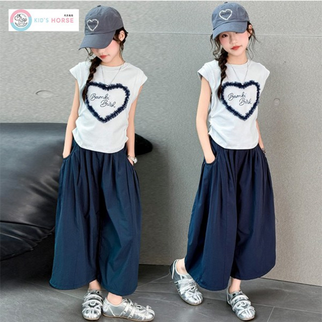 키즈목마 여아 여름 하트 프린트 민소매 티 초등여아 초중생 와이드 팬츠 주니어 여름 투피스 909
