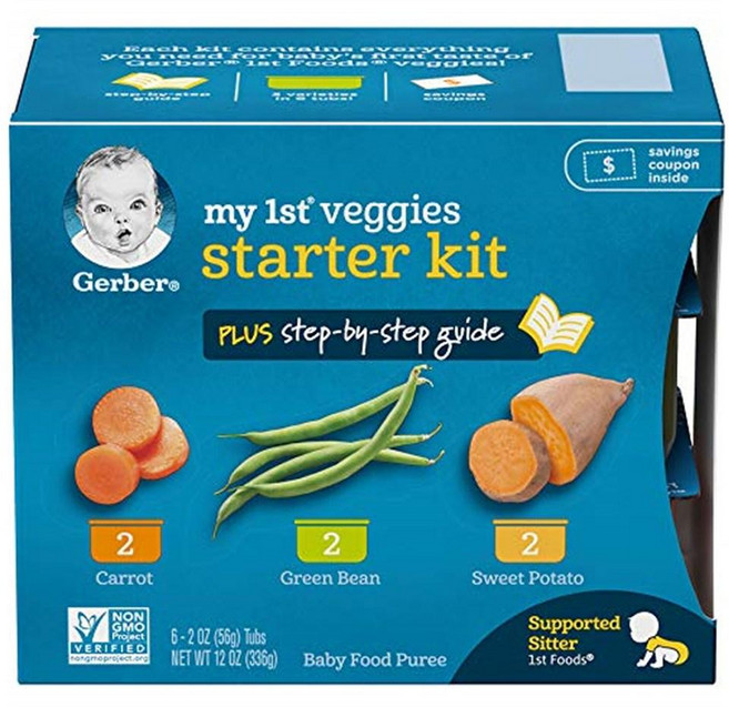 거버 퓨레 이유식 1단계 2+2+2(x2박스) 베지 스타터 킷 Gerber Purees My 1st Vegetables Box of 6 2 Ounce Tubs (Pack 2), -