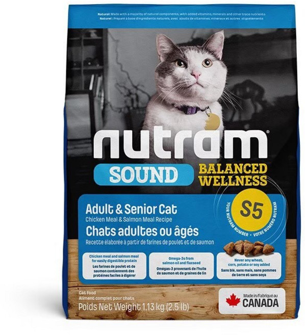 Nutram 紐頓 貓飼料 均衡健康 配方, 1個, 紐頓 S5成貓熟齡貓 雞肉鮭魚,1.13kg