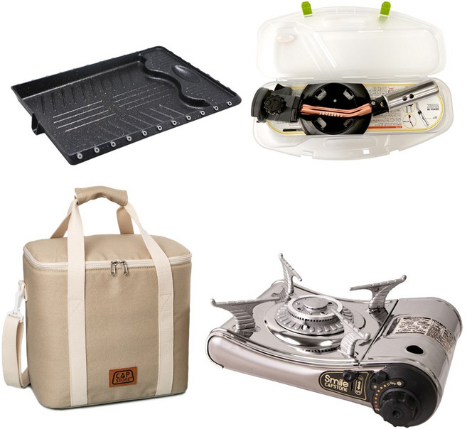 캡스톤 스마일 캠핑버너 가방세트와 롱토치 구성, 4종 쿨러백(대)+스마일300버너+불판+롱토치, 1세트