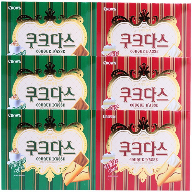 크라운 쿠크다스 화이트토르테 128g 3개+커피비엔나 3개 사무실 커피타임 과자 간식 세트, 1세트, 768g