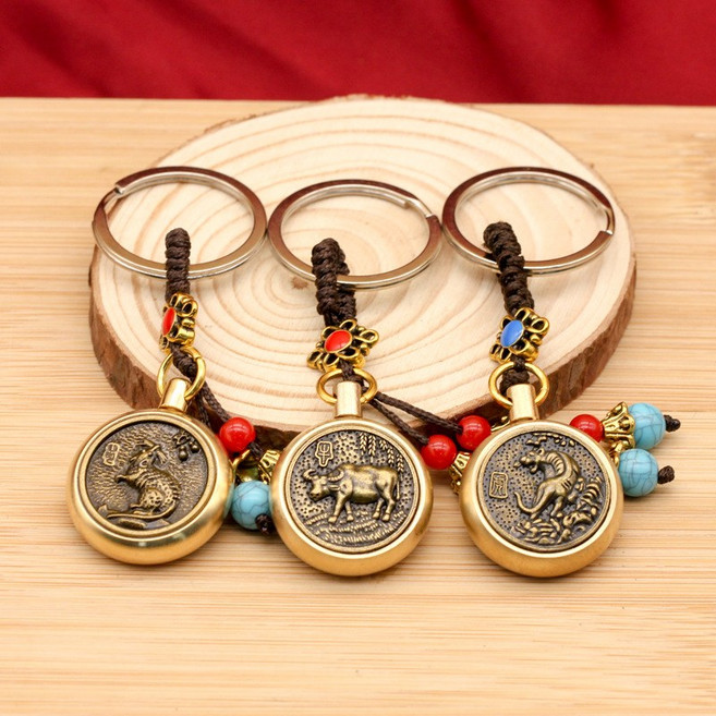 황동 복고 재물가져다주는 띠 회전 열쇠고리 악세서리 선물, 쥐, 1개