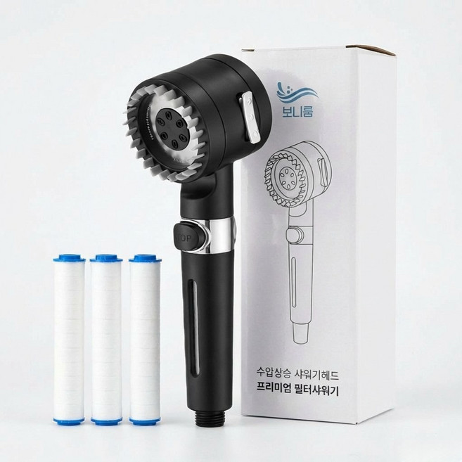 보니룸 프리미엄 고압 수압상승 필터 샤워기 헤드, 메탈 블랙, 1개